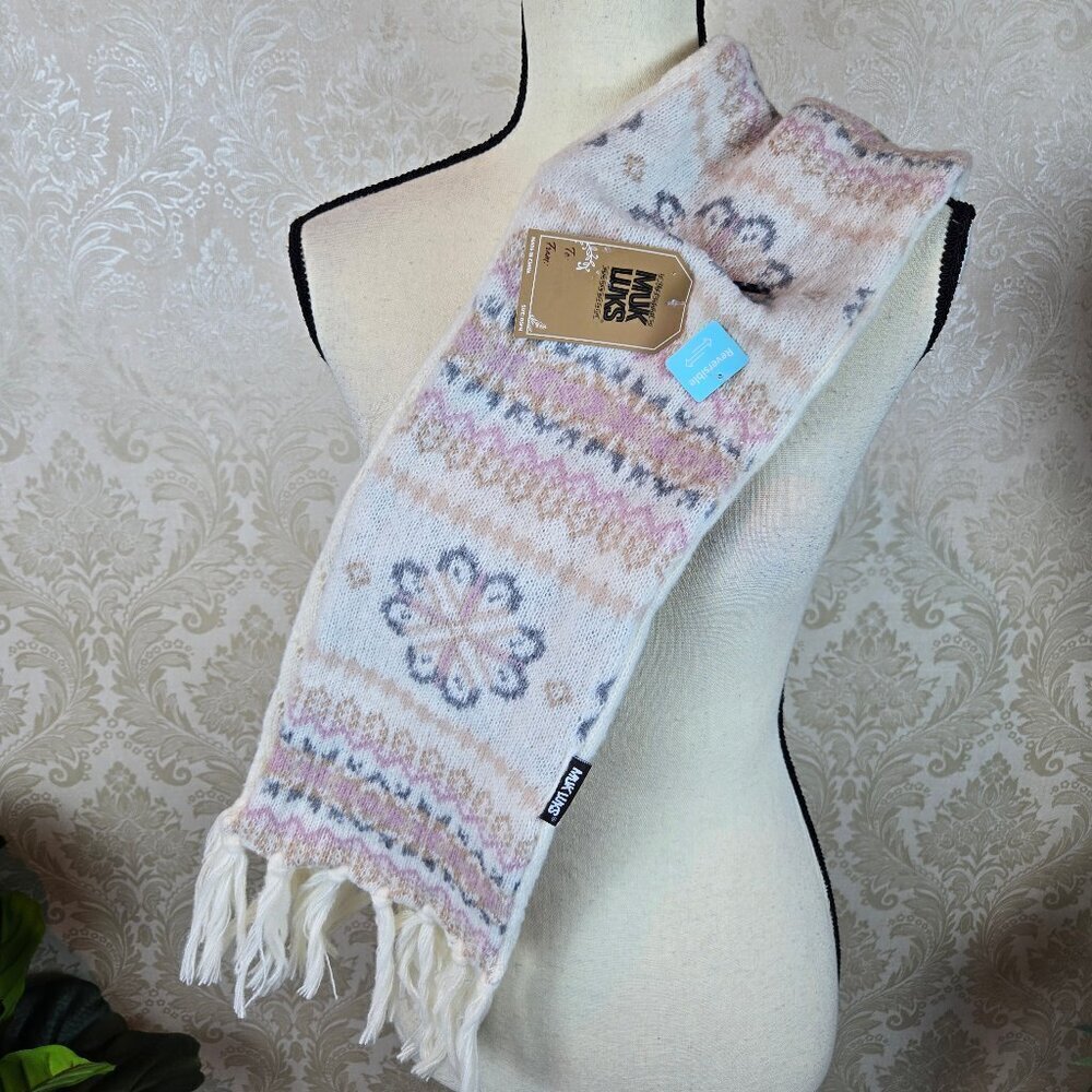 Muk Luks Reversible Oblong Scarf Fringed Ends Cream Pink Gray Winter NWT